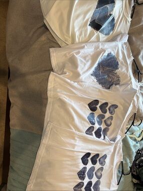 SHEIN White Short Sleeve Tee with Blue Denim Heart Prints